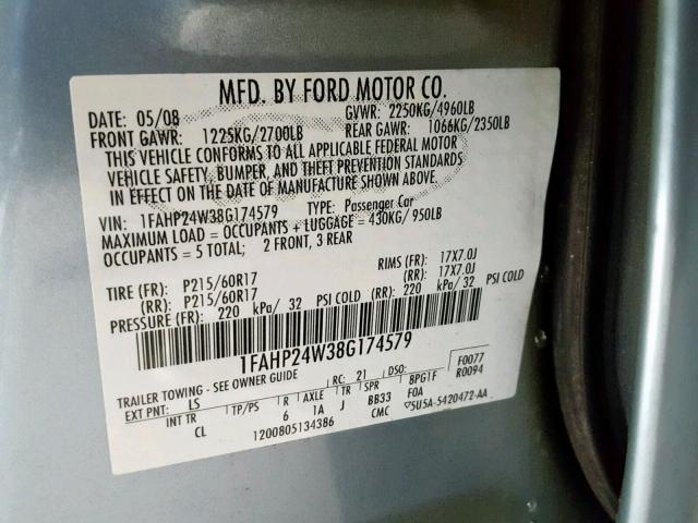 1FAHP24W38G174579 - 2008 FORD TAURUS SEL BLUE photo 10