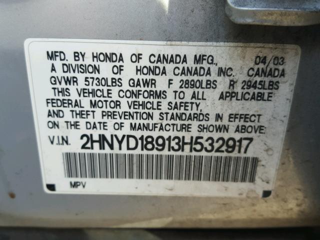 2HNYD18913H532917 - 2003 ACURA MDX TOURIN SILVER photo 10