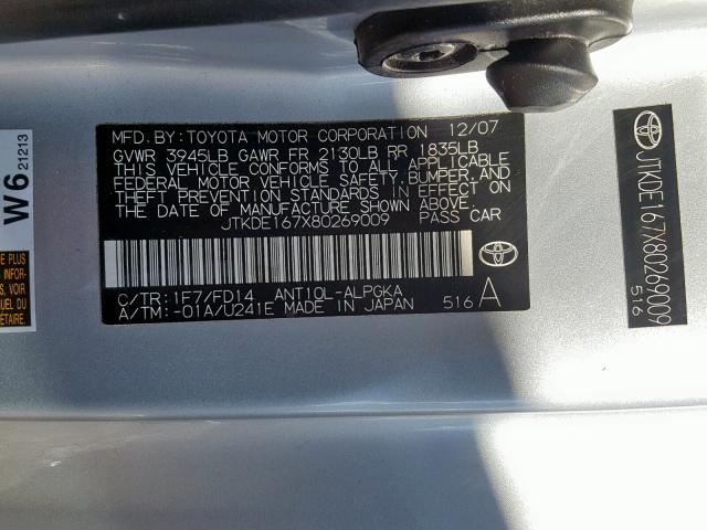 JTKDE167X80269009 - 2008 TOYOTA SCION TC SILVER photo 10