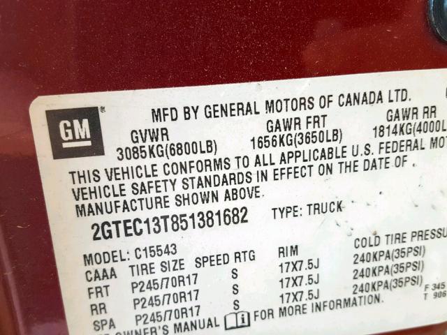 2GTEC13T851381682 - 2005 GMC NEW SIERRA MAROON photo 10