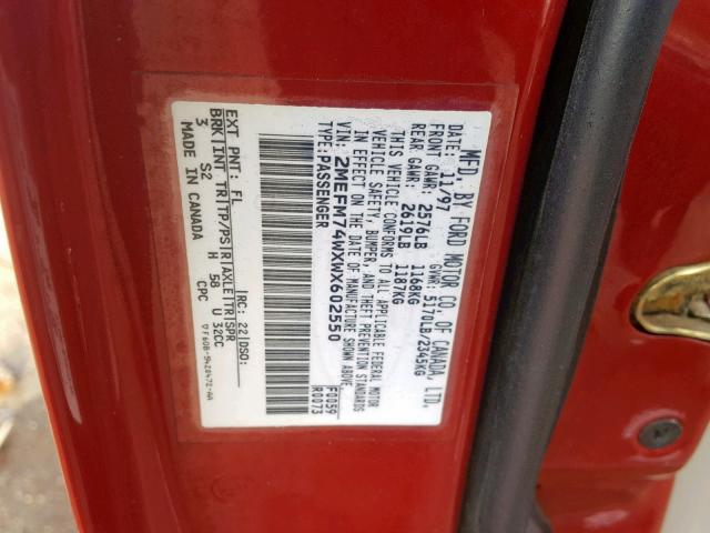 2MEFM74WXWX602550 - 1998 MERCURY GRAND MARQ RED photo 10