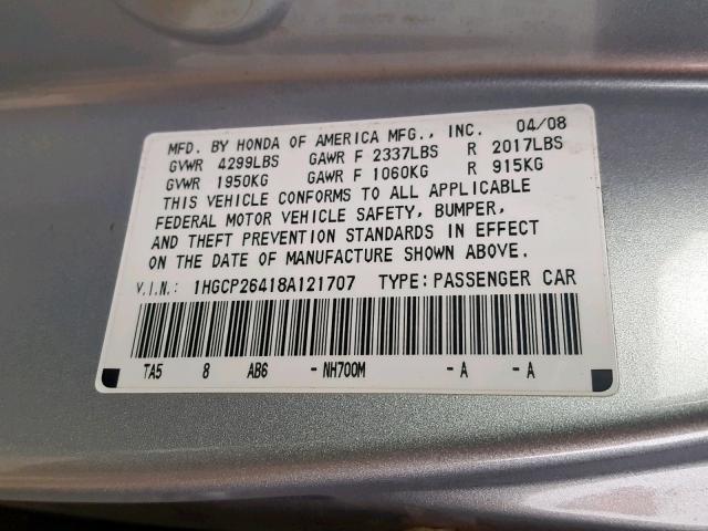 1HGCP26418A121707 - 2008 HONDA ACCORD LXP SILVER photo 10