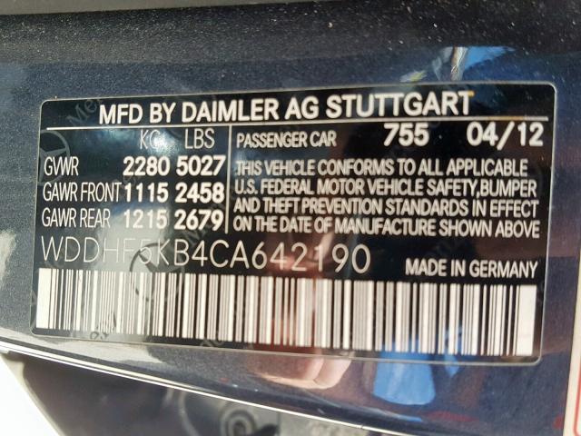 WDDHF5KB4CA642190 - 2012 MERCEDES-BENZ E 350 GRAY photo 10