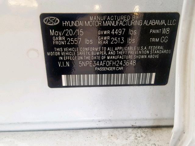 5NPE34AF0FH243648 - 2015 HYUNDAI SONATA SPO WHITE photo 10