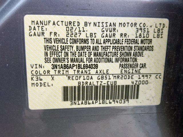 3N1AB6AP1BL694039 - 2011 NISSAN SENTRA 2.0 GRAY photo 10