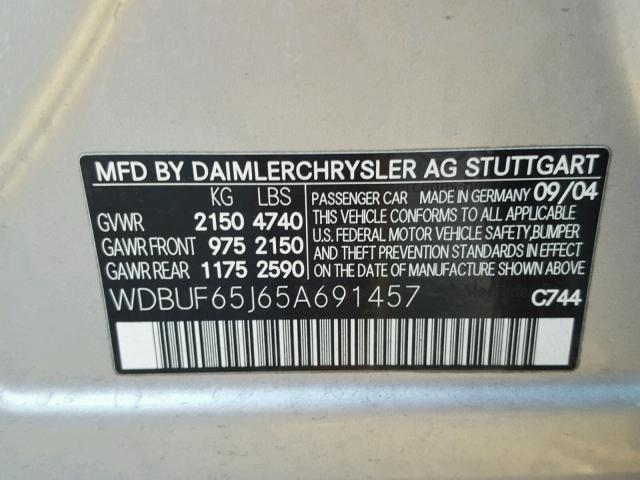 WDBUF65J65A691457 - 2005 MERCEDES-BENZ E 320 SILVER photo 10