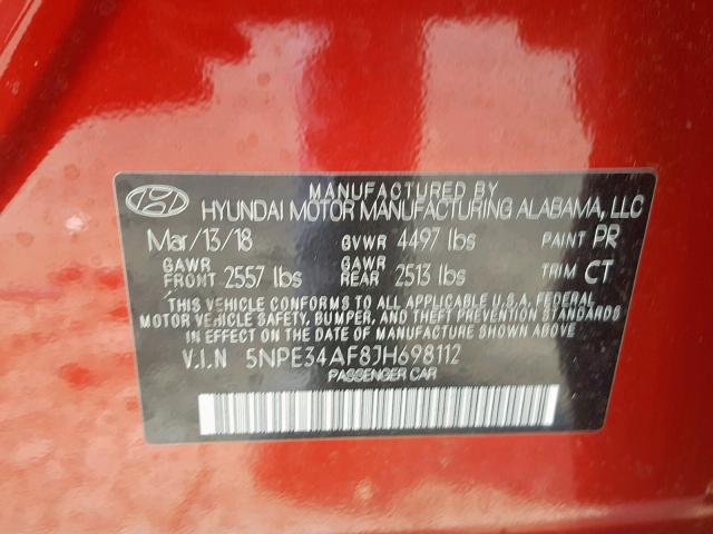 5NPE34AF8JH698112 - 2018 HYUNDAI SONATA SPO RED photo 10