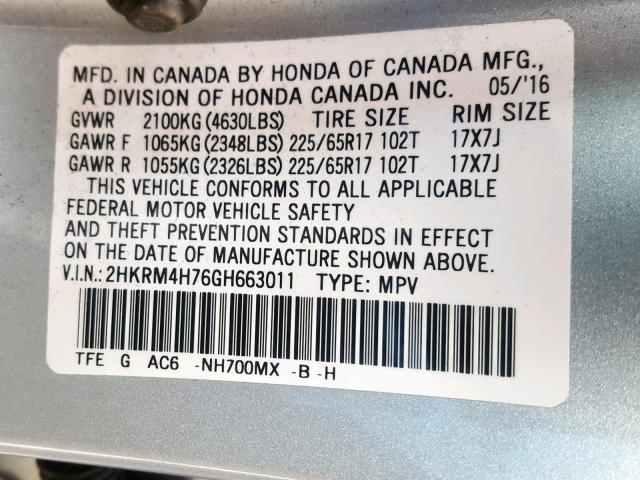 2HKRM4H76GH663011 - 2016 HONDA CR-V EXL SILVER photo 10