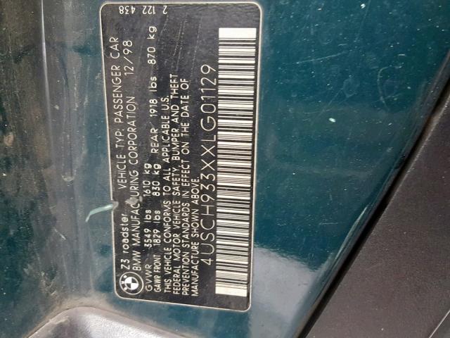 4USCH933XXLG01129 - 1999 BMW Z3 2.3 GREEN photo 10