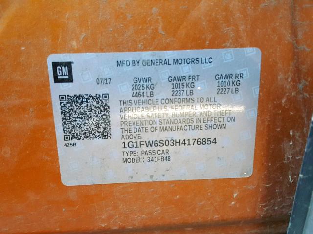 1G1FW6S03H4176854 - 2017 CHEVROLET BOLT EV LT ORANGE photo 10