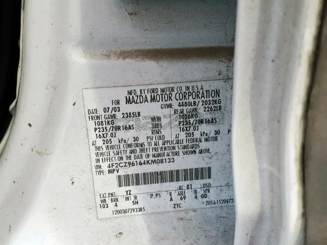 4F2CZ96164KM08133 - 2004 MAZDA TRIBUTE ES 白色 照片 10