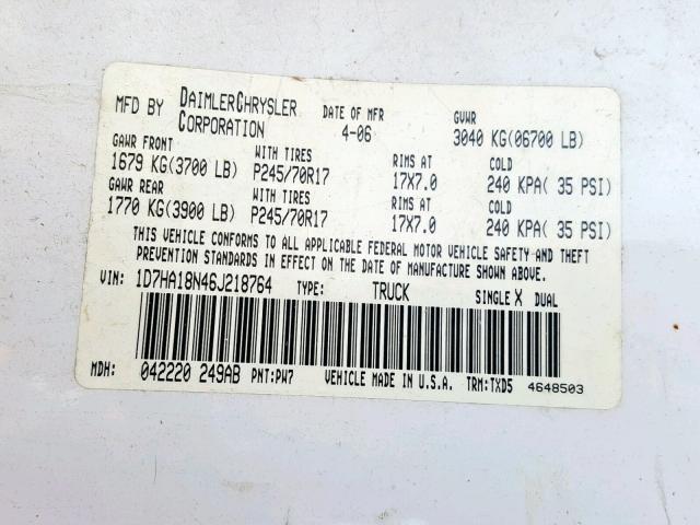 1D7HA18N46J218764 - 2006 DODGE RAM 1500 S WHITE photo 10