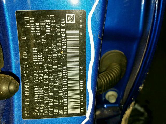 JHMFC1F77JX032639 - 2018 HONDA CIVIC EXL BLUE photo 10