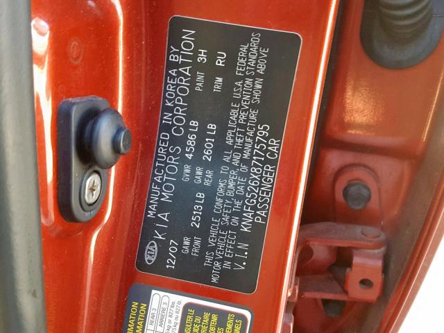 KNAFG526X87175795 - 2008 KIA RONDO LX ORANGE photo 10