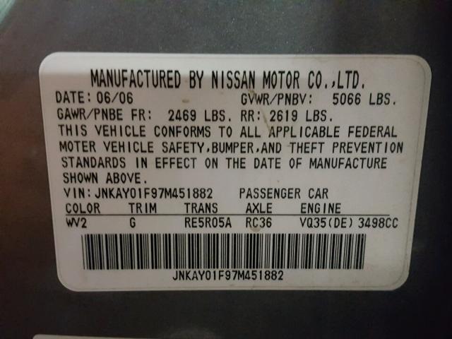 JNKAY01F97M451882 - 2007 INFINITI M35 BASE SILVER photo 10