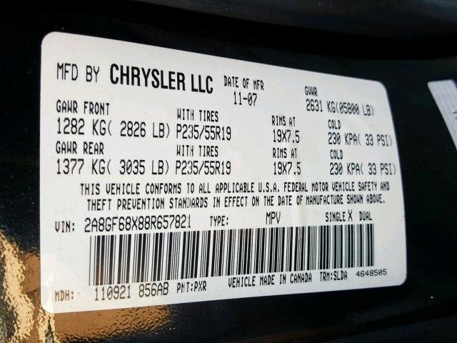 2A8GF68X88R657821 - 2008 CHRYSLER PACIFICA T CHARCOAL photo 10