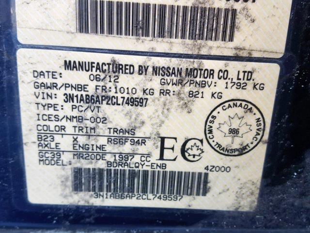 3N1AB6AP2CL749597 - 2012 NISSAN SENTRA 2.0 BLUE photo 10