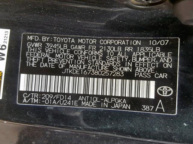 JTKDE167380257283 - 2008 TOYOTA SCION TC შავი ფოტო 10