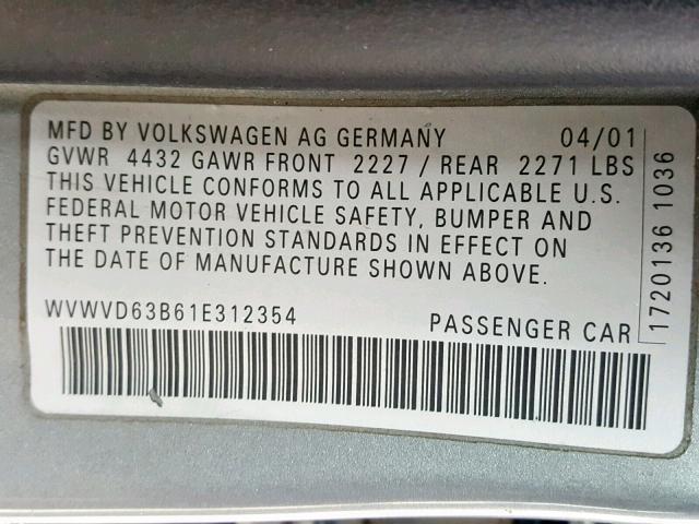 WVWVD63B61E312354 - 2001 VOLKSWAGEN PASSAT GLS GRAY photo 10