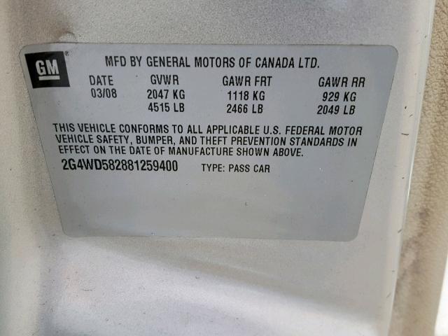 2G4WD582881259400 - 2008 BUICK LACROSSE C TAN photo 10