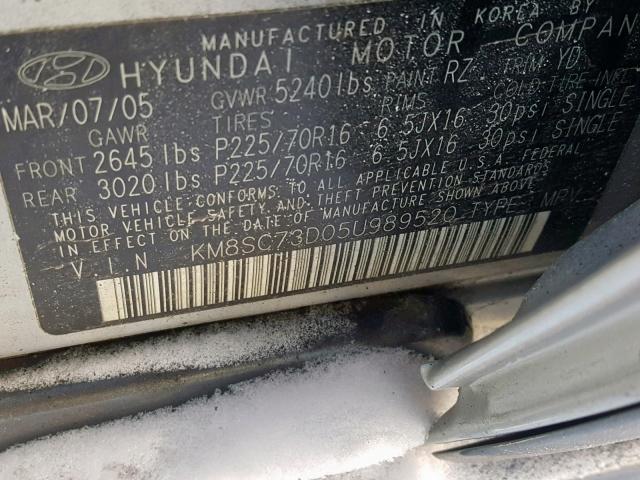 KM8SC73D05U989520 - 2005 HYUNDAI SANTA FE G GRAY photo 10