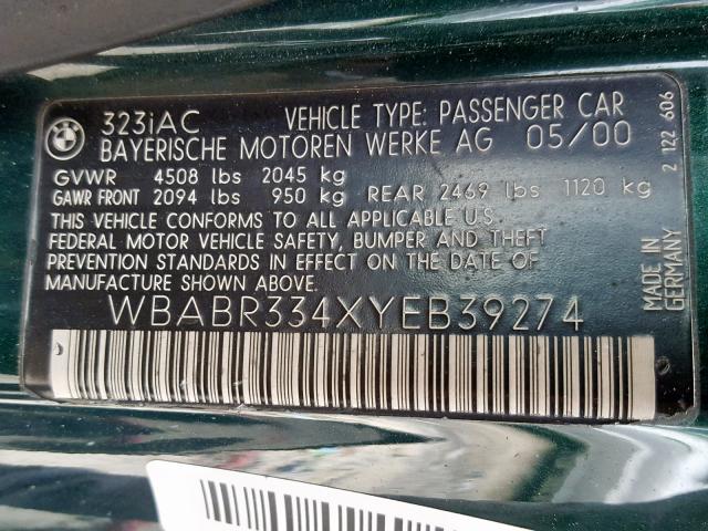 WBABR334XYEB39274 - 2000 BMW 323 CI GREEN photo 10