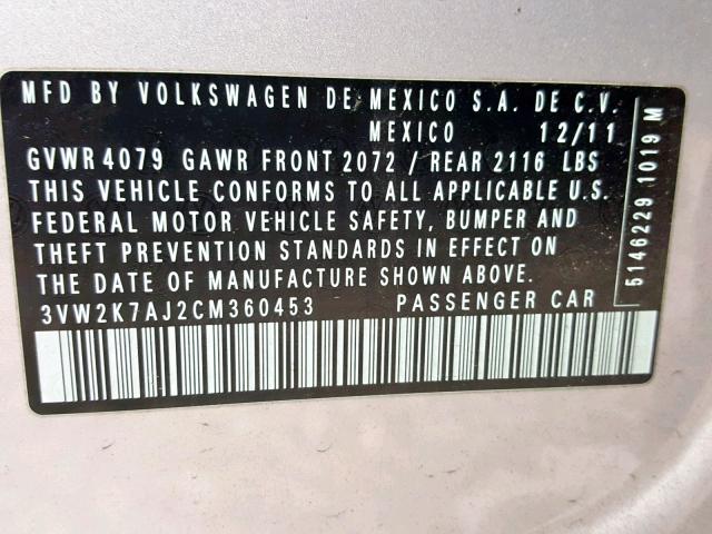 3VW2K7AJ2CM360453 - 2012 VOLKSWAGEN JETTA BASE SILVER photo 10