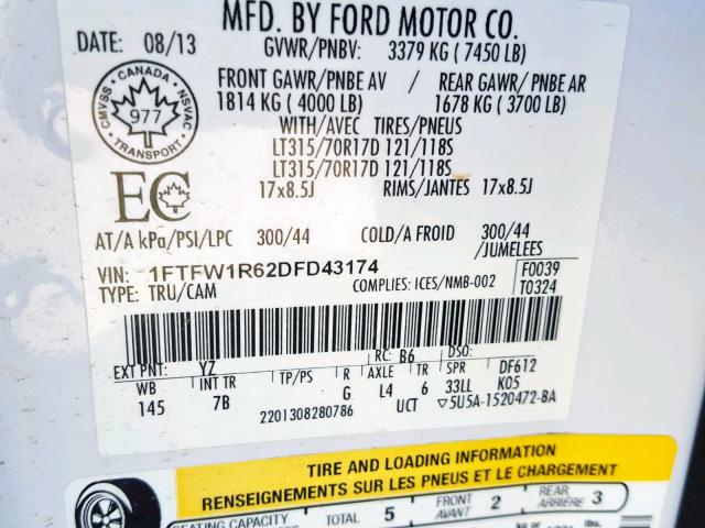 1FTFW1R62DFD43174 - 2013 FORD F150 SVT R WHITE photo 10