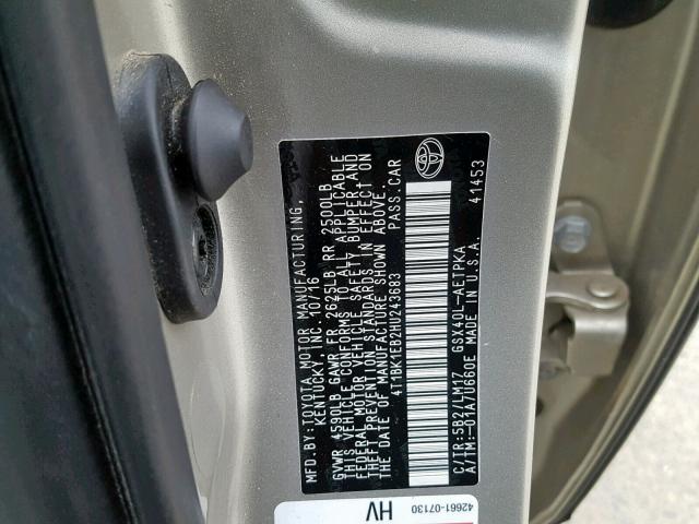 4T1BK1EB2HU243683 - 2017 TOYOTA AVALON XLE GOLD photo 10