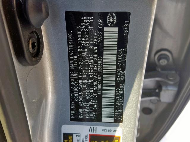 4T1BK1EB7JU285823 - 2018 TOYOTA AVALON XLE SILVER photo 10