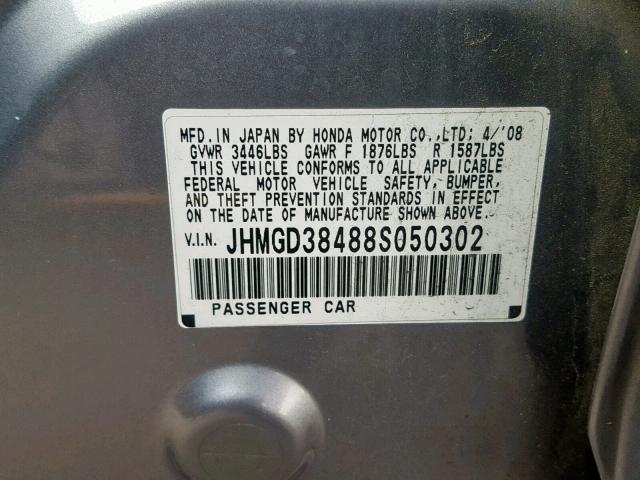 JHMGD38488S050302 - 2008 HONDA FIT SILVER photo 10