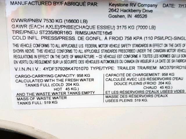 4YDF37928K4701070 - 2019 MONT KEYSTONE BEIGE photo 10