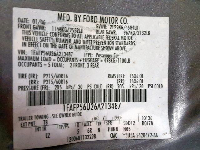 1FAFP56U26A213487 - 2006 FORD TAURUS SEL GRAY photo 10