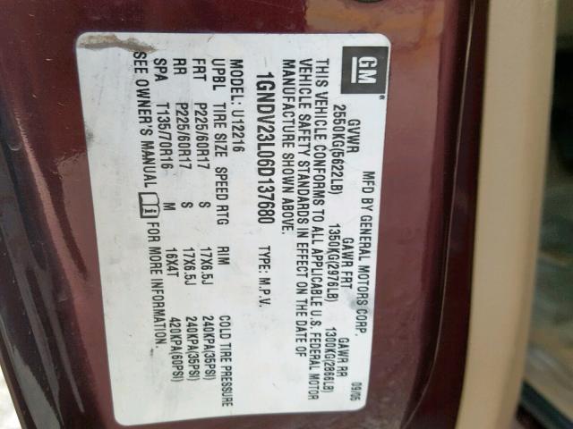 1GNDV23L06D137680 - 2006 CHEVROLET UPLANDER L 勃艮第红 照片 10