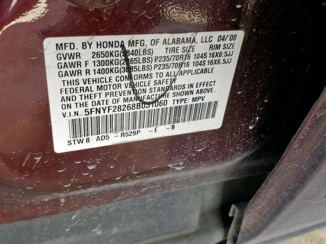 5FNYF28268B031060 - 2008 HONDA PILOT VP PURPLE photo 10