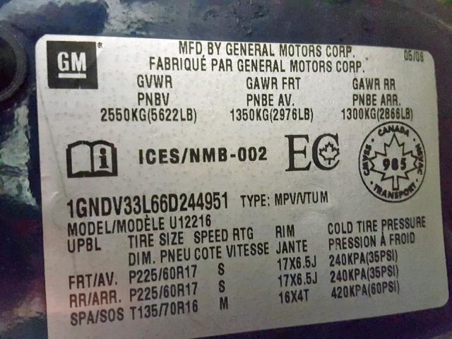 1GNDV33L66D244951 - 2006 CHEVROLET UPLANDER L Mavi foto 10
