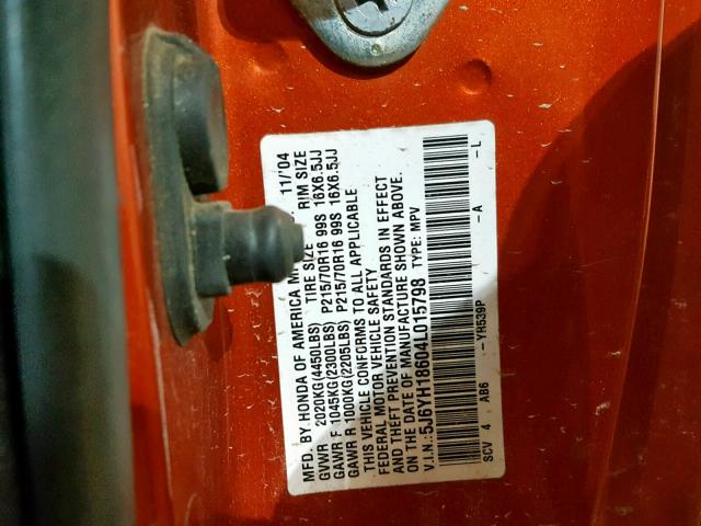 5J6YH18604L015798 - 2004 HONDA ELEMENT EX ORANGE photo 10