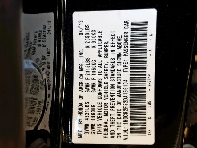 1HGCR2F52DA166104 - 2013 HONDA ACCORD SPO BLACK photo 10