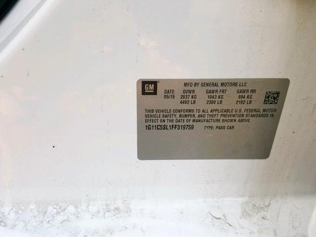 1G11C5SL1FF319759 - 2015 CHEVROLET MALIBU 1LT 白色 照片 10