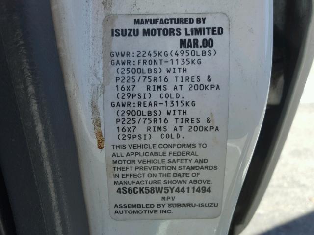 4S6CK58W5Y4411494 - 2000 HONDA PASSPORT E WHITE photo 10