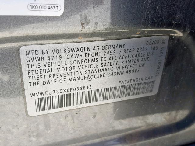 WVWEU73CX6P053815 - 2006 VOLKSWAGEN PASSAT 3.6 GRAY photo 10