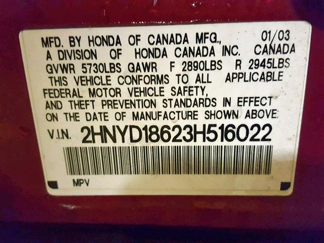 2HNYD18623H516022 - 2003 ACURA MDX TOURIN RED photo 10