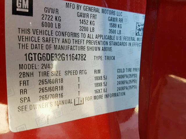 1GTG6DE32G1164782 - 2016 GMC CANYON SLT RED photo 10