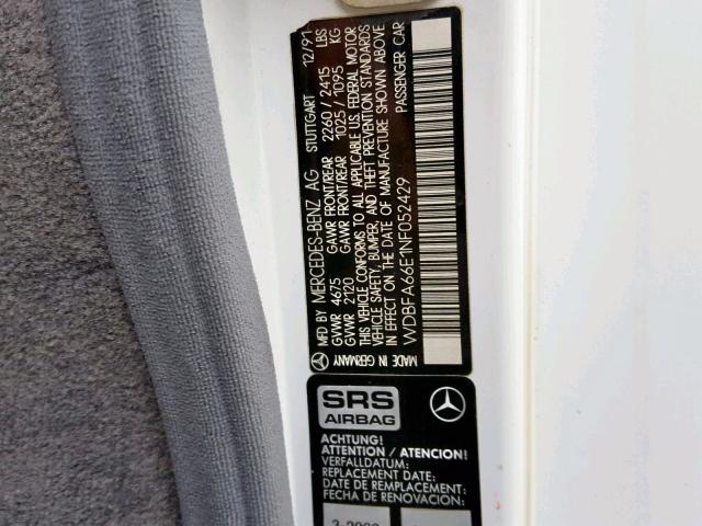 WDBFA66E1NF052429 - 1992 MERCEDES-BENZ 500 SL WHITE photo 10