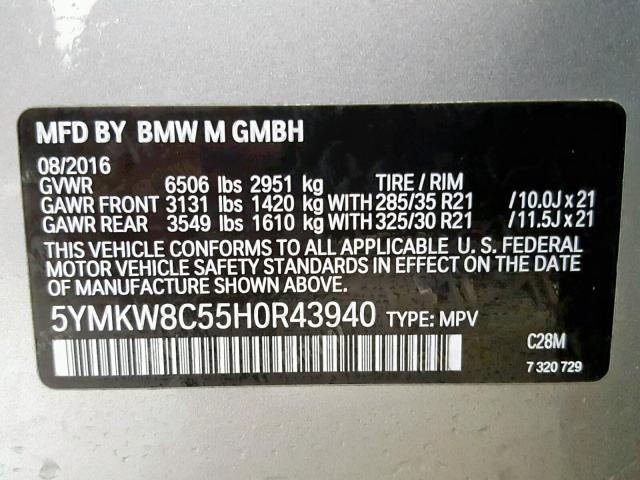 5YMKW8C55H0R43940 - 2017 BMW X6 M CHARCOAL photo 10