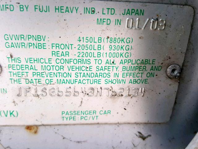 JF1SG65643H762134 - 2003 SUBARU FORESTER 2 SILVER photo 10