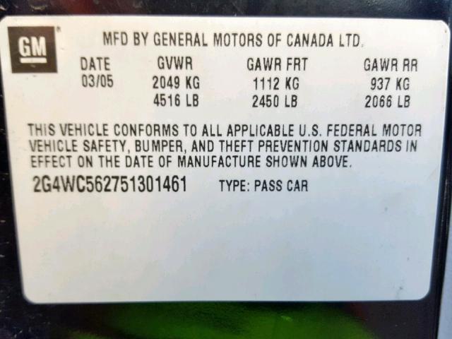 2G4WC562751301461 - 2005 BUICK LACROSSE C BLACK photo 10