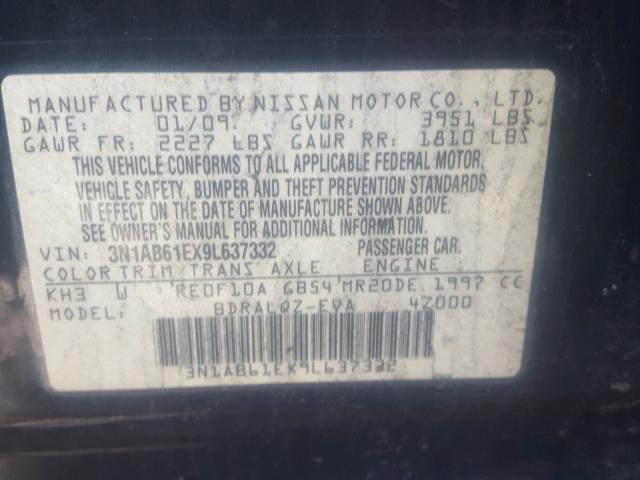 3N1AB61EX9L637332 - 2009 NISSAN SENTRA 2.0 BLACK photo 10