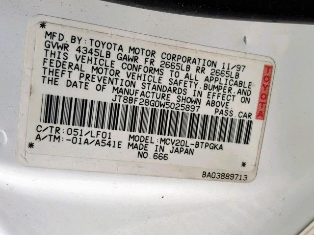 JT8BF28G0W5025897 - 1998 LEXUS ES 300 WHITE photo 10