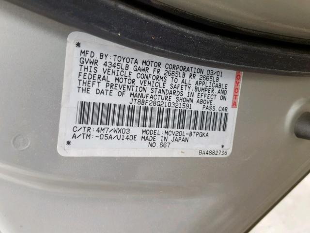 JT8BF28G210321591 - 2001 LEXUS ES 300 SILVER photo 10